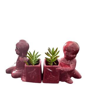 Vintage Red Glazed Ceramic Boy & Girl Planter Pair – Oriental Style Bookends